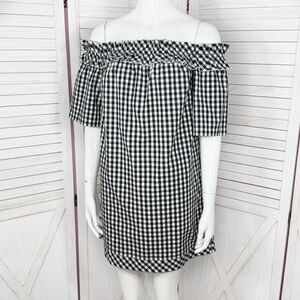 Vineyard Vines Gingham Check Off The Shoulder Shift Mini Dress Black White XS